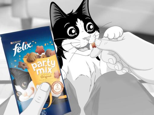 Felix je hranjen užinom Party Mix